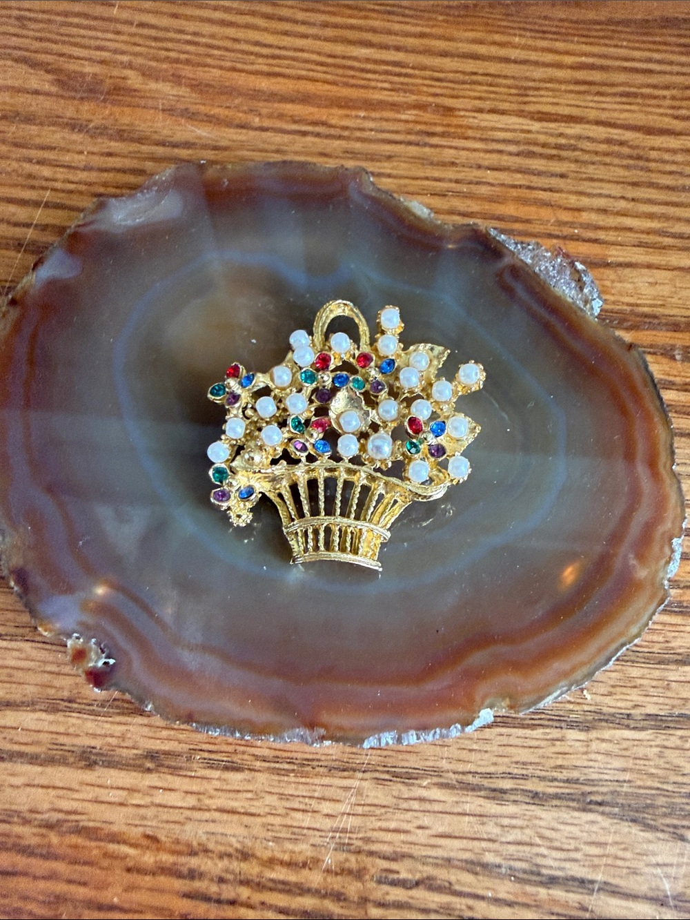 Vintage Gold Basket Brooch with Multicolor and Pearl Accents